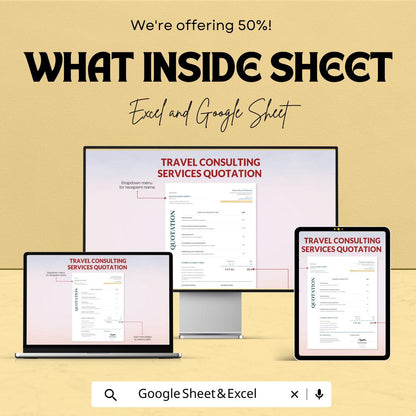 Travel Consulting Services Quotation Sheet | Excel & Google Sheets Template | Customizable Service Quote | 50% Of