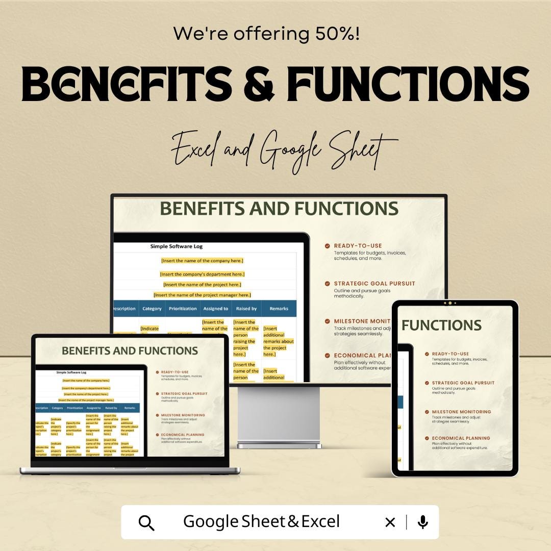 Simple Software Log Template | Excel & Google Sheets | Bug Tracker | Project Management Spreadsheet | Issue Tracking Log | Digital Download