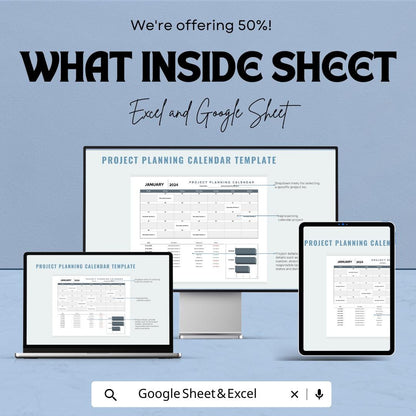 Project Planning Calendar Sheet | 2024 Monthly Planner | Excel & Google Sheets | Project Tracker | Editable Template | Business Organizer