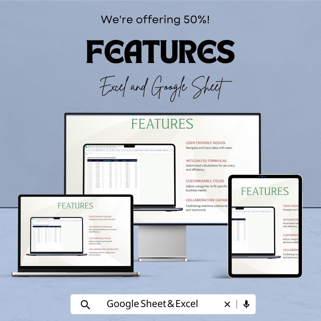 Sales Cost of Customer Acquisition Calculator Template | Marketing Cost Tracker | Customer Acquisition Analysis Spreadsheet