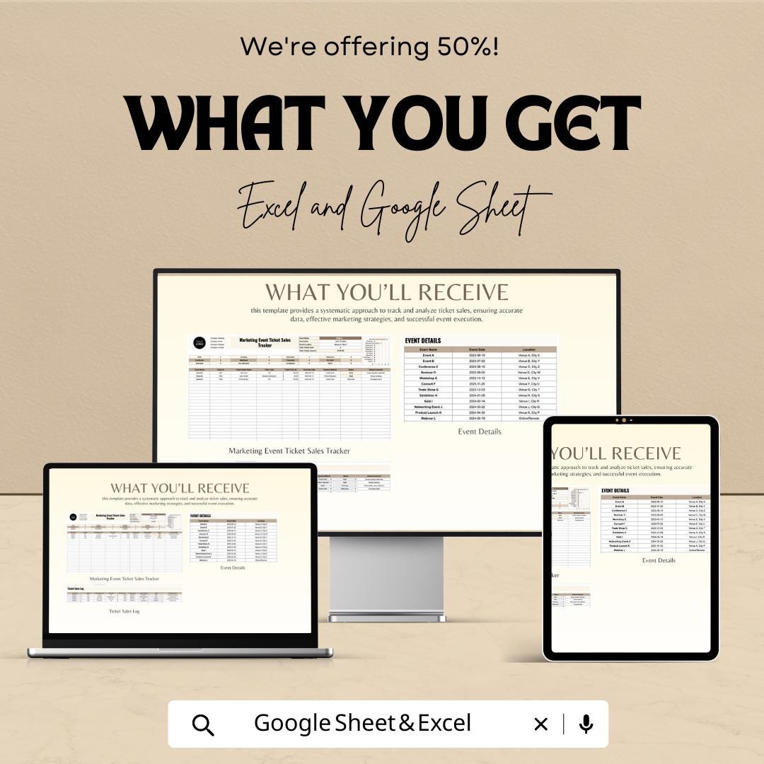 Marketing Event Ticket Sales Tracker Template | Event Ticket Spreadsheet | Ticket Inventory & Revenue Tracker | Event Sales Dashboard
