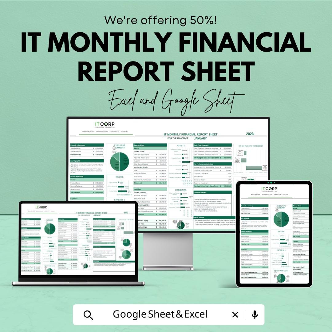 IT Monthly Financial Report Sheet Template | Monthly Income Expense Report | IT Budget Tracking Template | Financial Summary Sheet
