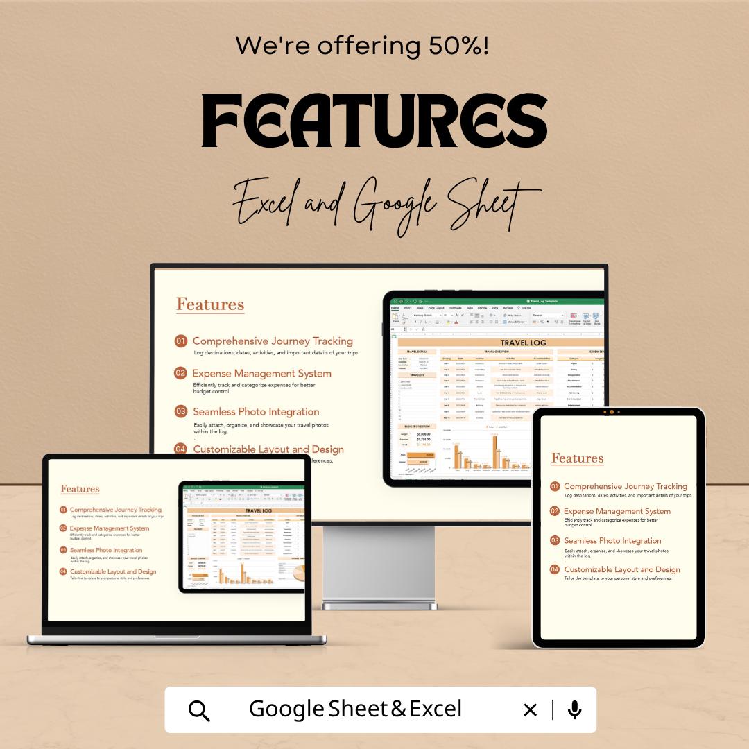Travel Log Template | Excel Travel Tracker Spreadsheet | Google Sheets Travel Planner | Vacation Organizer | Trip Budget Planner |