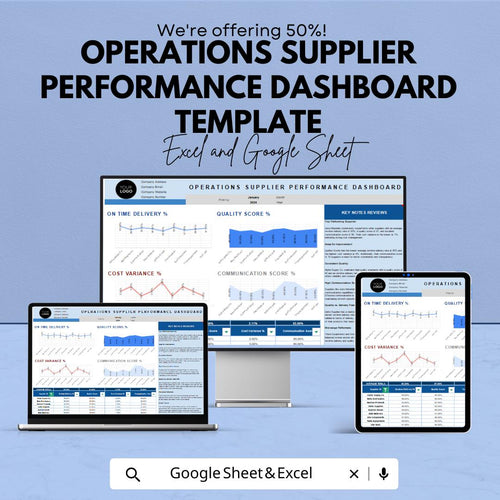 Operations Supplier Performance Dashboard Template | Supplier KPI Tracker | Vendor Management Metrics | Performance Analysis Sheet