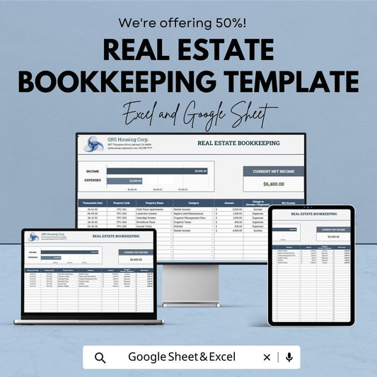 Real Estate Bookkeeping Template | Rental Property Accounting Spreadsheet | Income Expense Tracker | Excel & Google Sheets