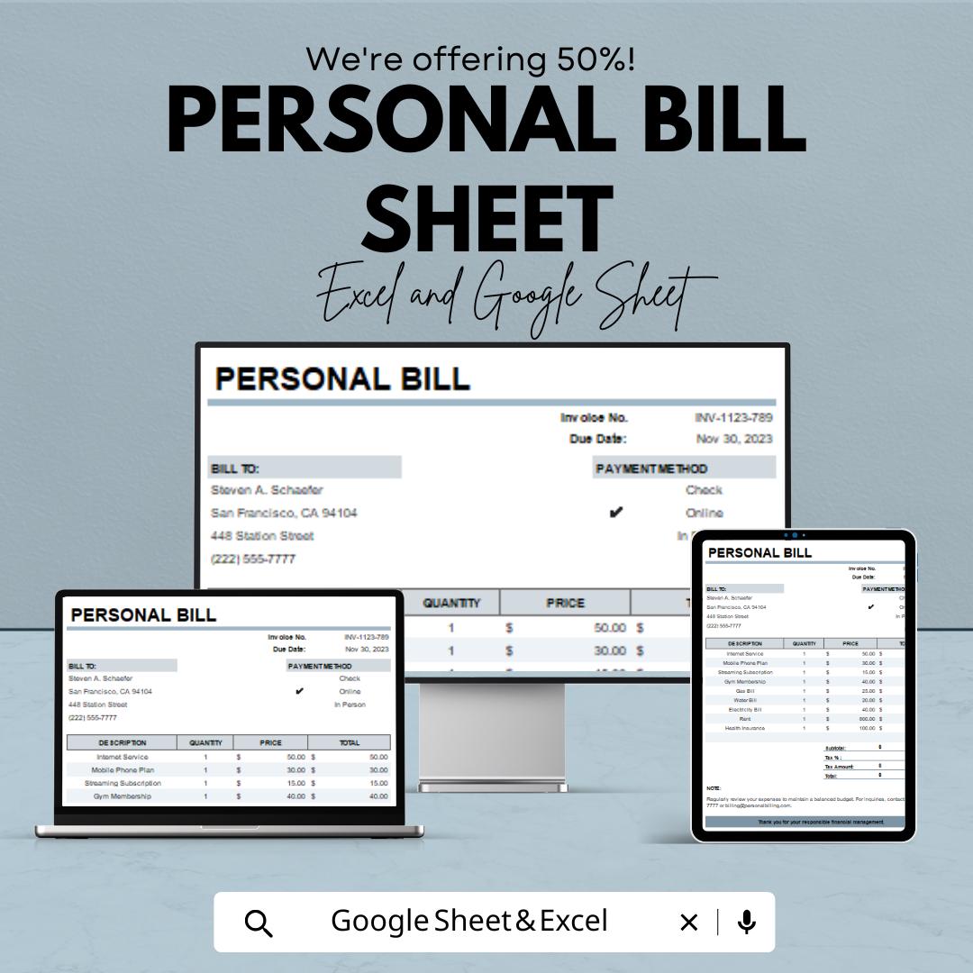 Personal Bill Sheet - Editable Excel & Google Sheet Template for Easy Expense Tracking