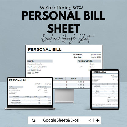 Personal Bill Sheet - Editable Excel & Google Sheet Template for Easy Expense Tracking