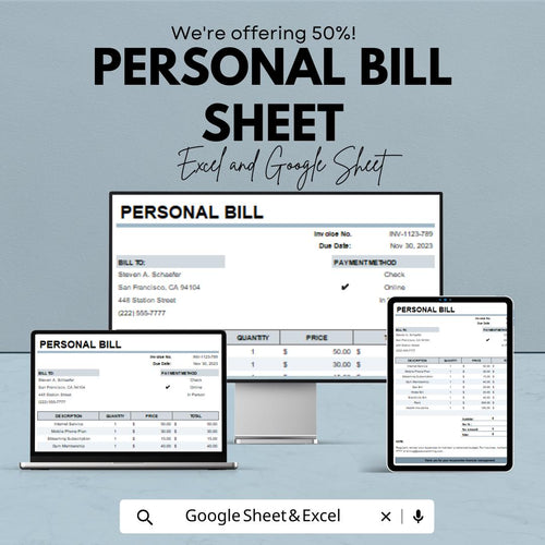 Personal Bill Sheet - Editable Excel & Google Sheet Template for Easy Expense Tracking