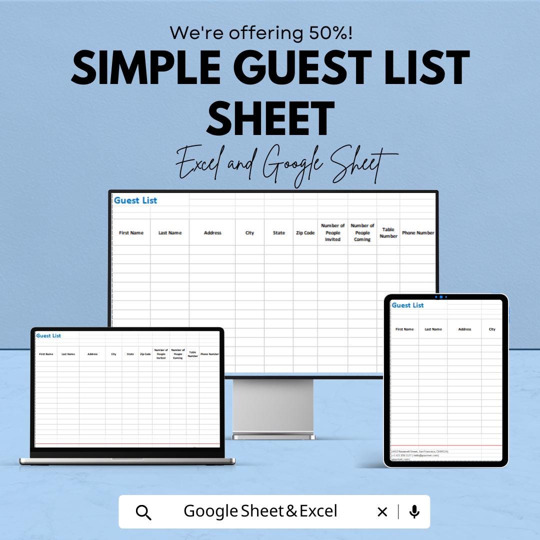 Simple Guest List Sheet - Excel and Google Sheets Template for Event Planning, Guest Tracking & RSVP Management