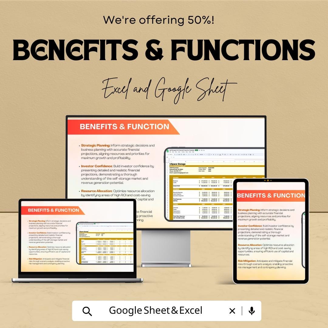 Self Storage Unit Financial Projection Template | Storage Business Forecast | Revenue & Expense Model | Financial Planning Spreadsheet