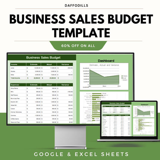 Business Sales Budget Template, Sales Budget Spreadsheet, Revenue and Expense Planner, Sales Performance Tracker, Google Sheets Excel