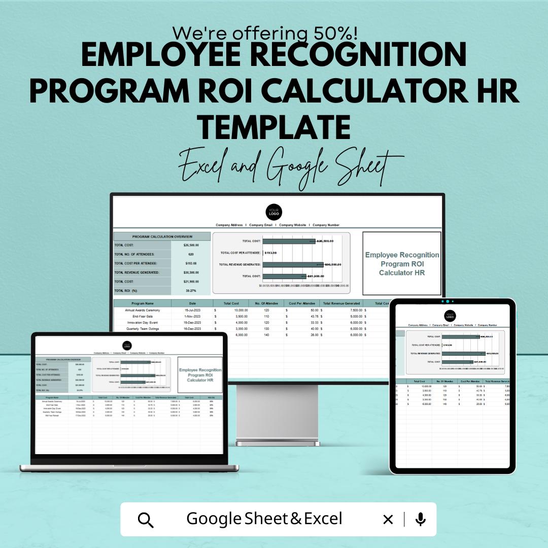 mployee Recognition Program ROI Calculator HR Template | HR Roi Analysis Tool | Excel and Google Sheets Recognition Tracker