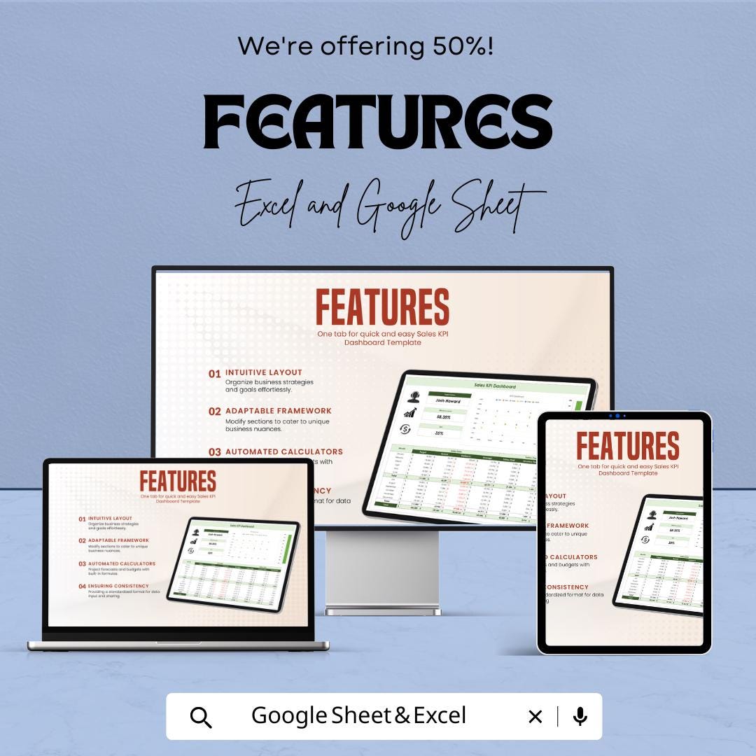 Sales KPI Dashboard Template | Excel & Google Sheets | Sales Performance Tracker | Sales Metrics Spreadsheet | Editable Dashboard