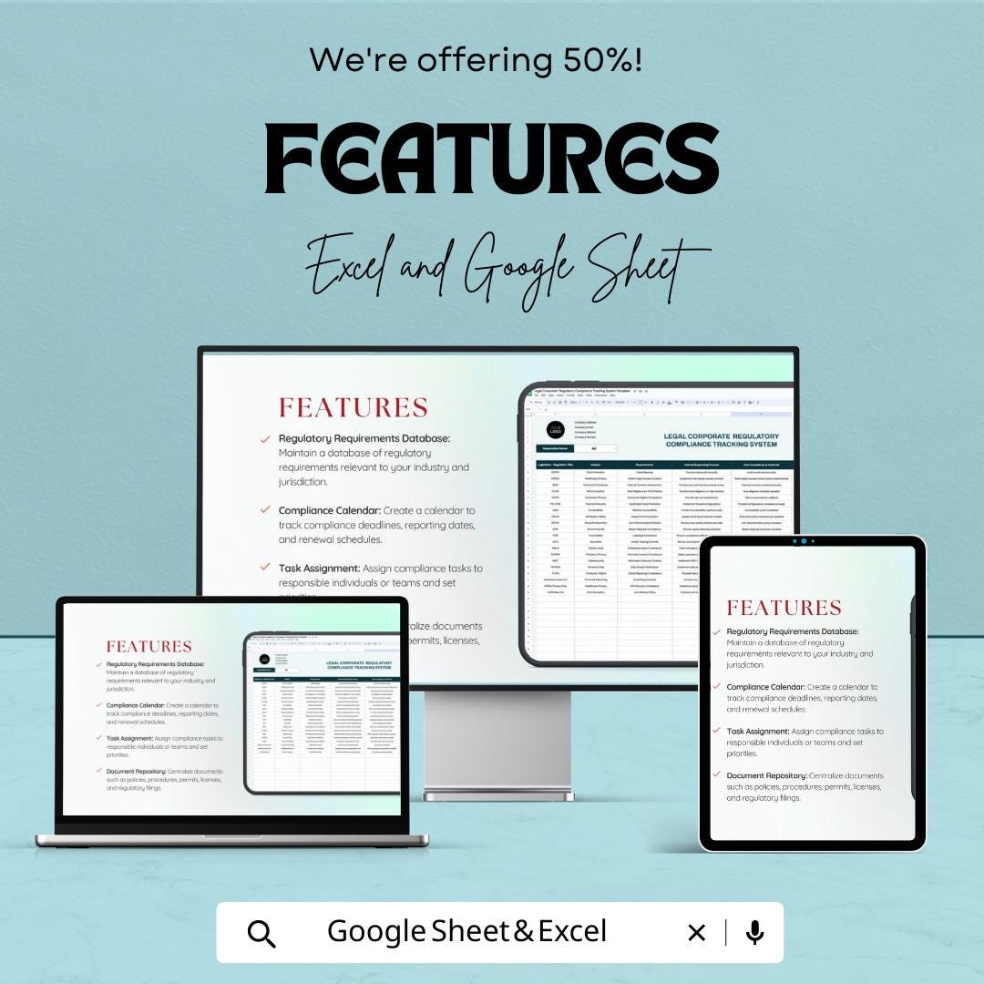 Corporate Compliance Tracker Template, Regulatory Compliance Log, Legal Compliance Spreadsheet, Compliance Management Sheet