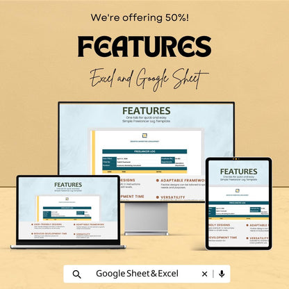 Simple Freelancer Log Template | Time Tracker Sheet | Excel & Google Sheets | Editable Download | 50% Off