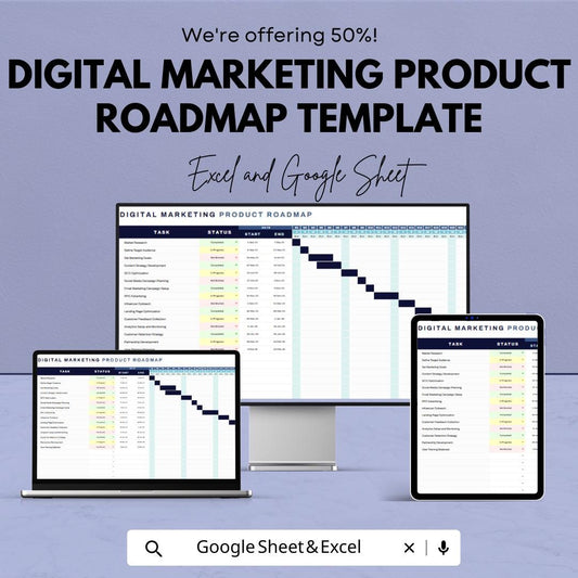 Digital Marketing Product Roadmap Template | Marketing Project Planner Spreadsheet |  Marketing Roadmap | Campaign Timeline Tracker