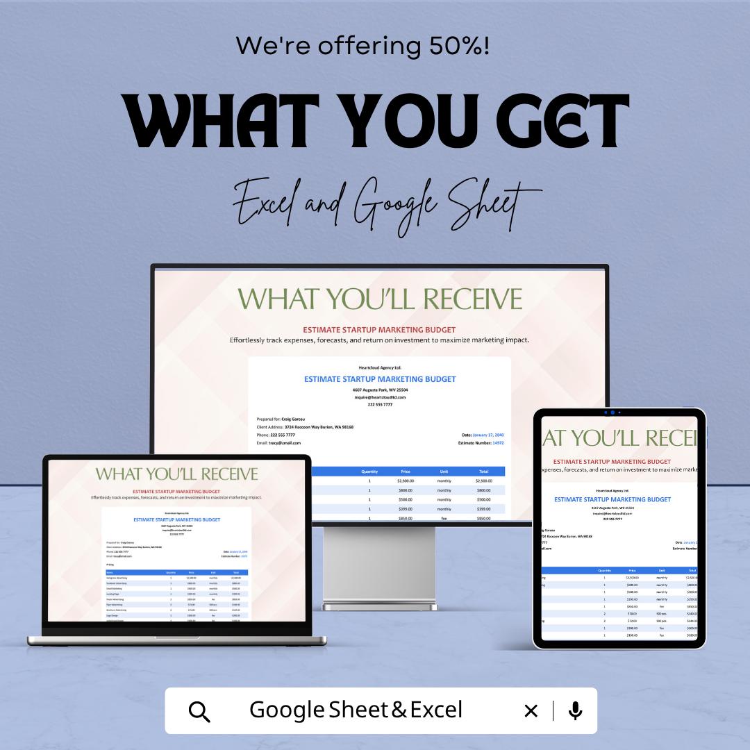 Startup Marketing Budget Template  | Marketing Budget Planner | Expense Tracker Spreadsheet | Small Business Budget