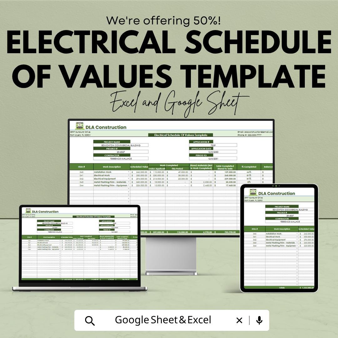 Electrical Schedule of Values Template | Construction SOV Sheet | Project Cost Breakdown | Contractor Payment Tracker