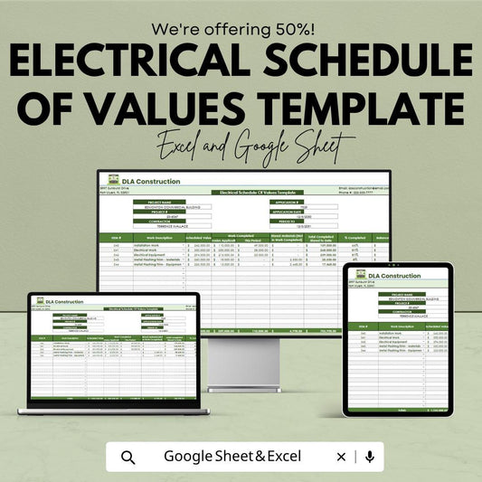 Electrical Schedule of Values Template | Construction SOV Sheet | Project Cost Breakdown | Contractor Payment Tracker