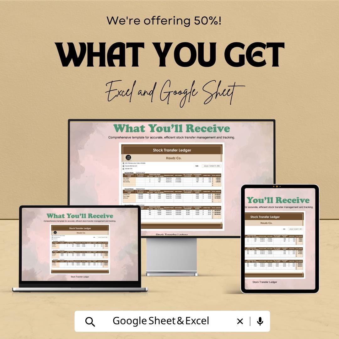 Stock Transfer Ledger Template Excel Google Sheets | Share Transfer Tracker | Corporate Stock Register | Shareholder Transfer Log |