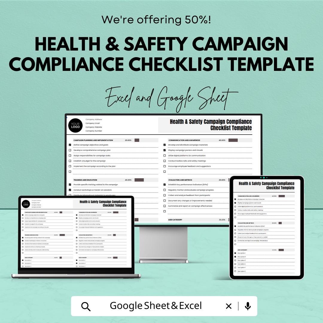 Health and Safety Compliance Checklist, Safety Campaign Tracker, Workplace Safety Template, OSHA Checklist, Google Sheets & Excel