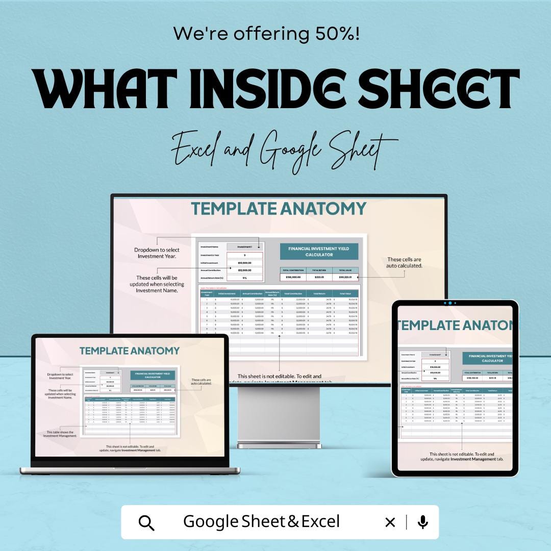 Financial Investment Yield Calculator Template | Investment Return Calculator | Yield Analysis Spreadsheet | Finance Planning Tool