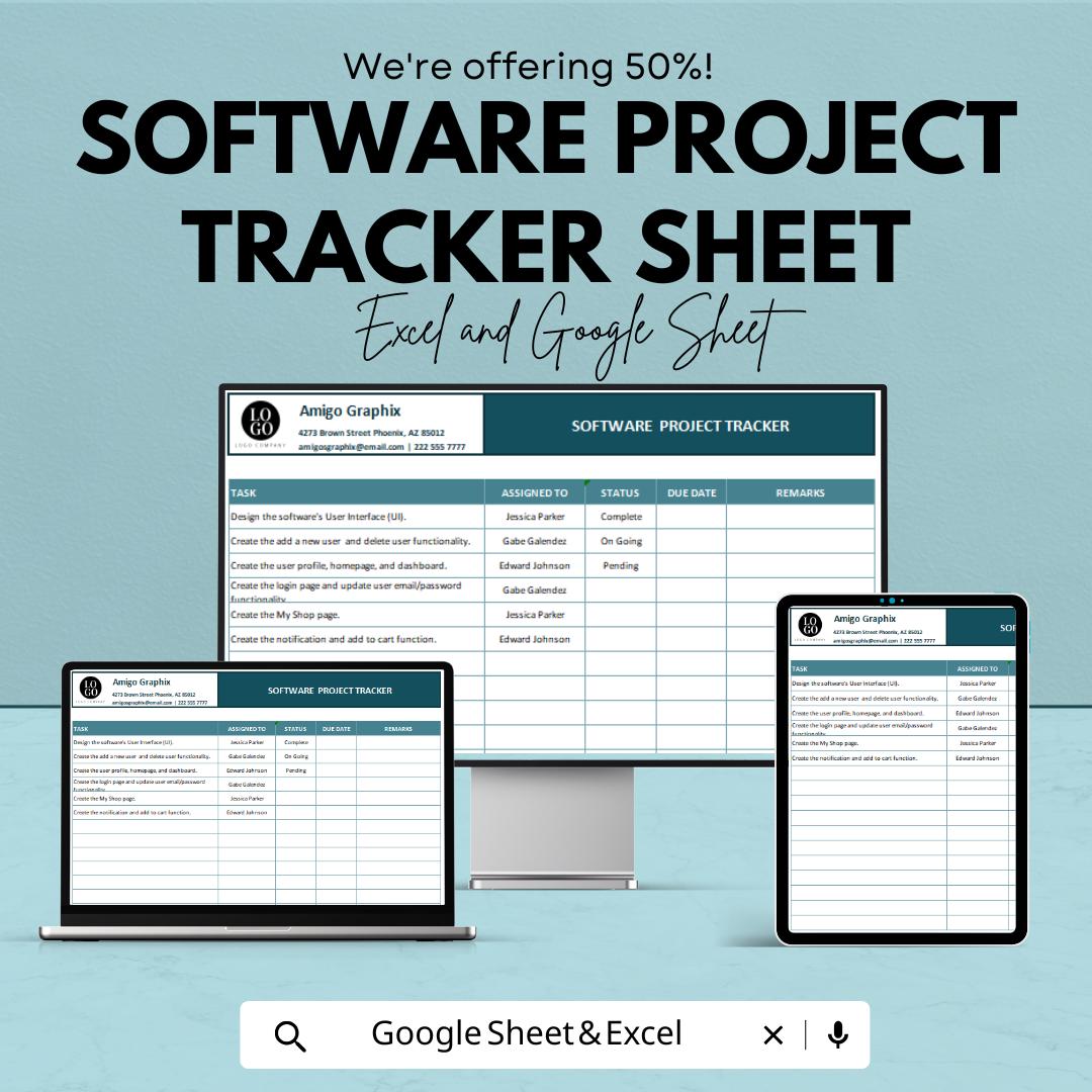 Software Project Tracker Sheet – Editable Google Sheet and Excel | Task Management Dashboard | Project Milestone & Bug Tracker
