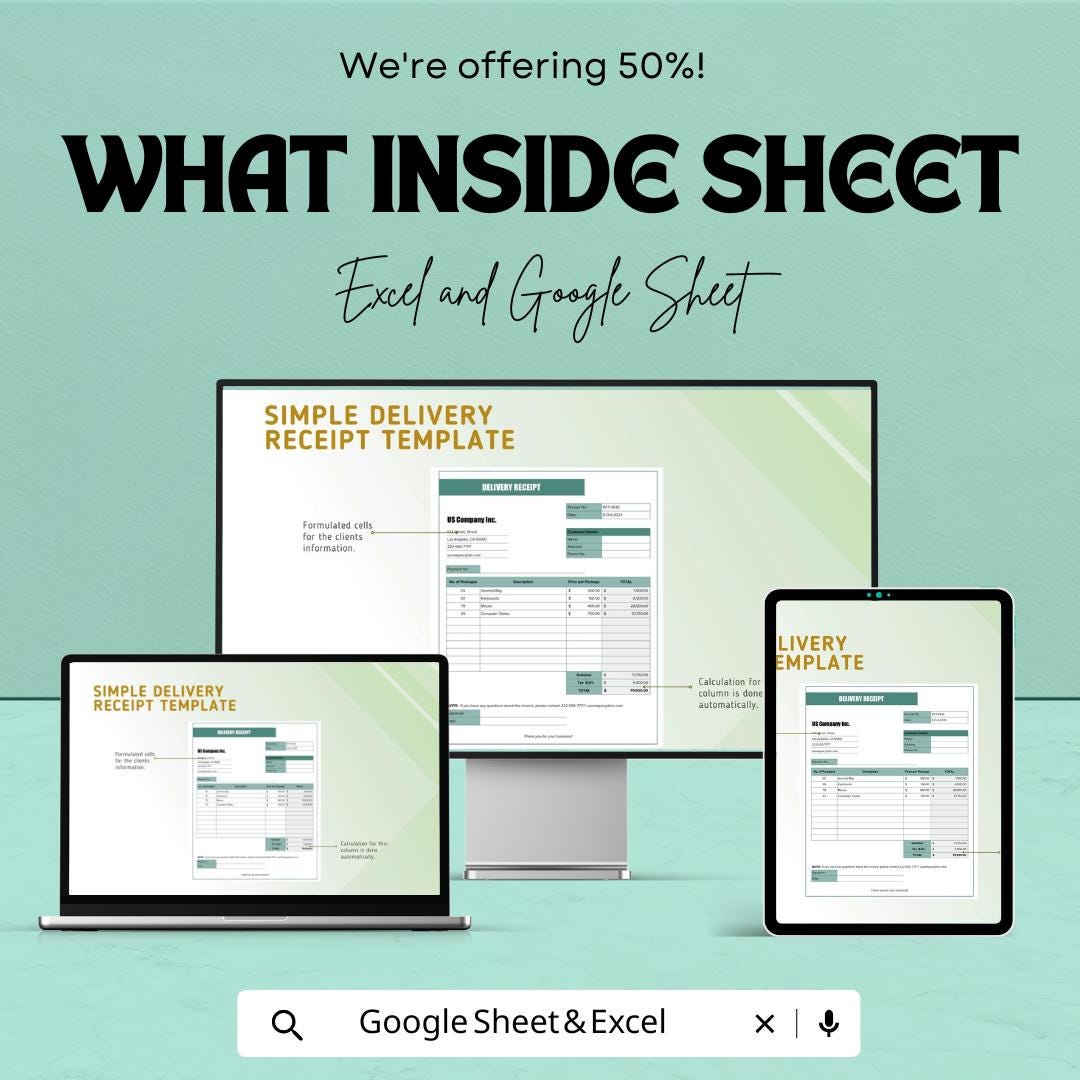 Simple Delivery Receipt Sheet – Excel & Google Sheets, 50% OFF – Track Deliveries, Itemized List, Payment Confirmation, Editable Template