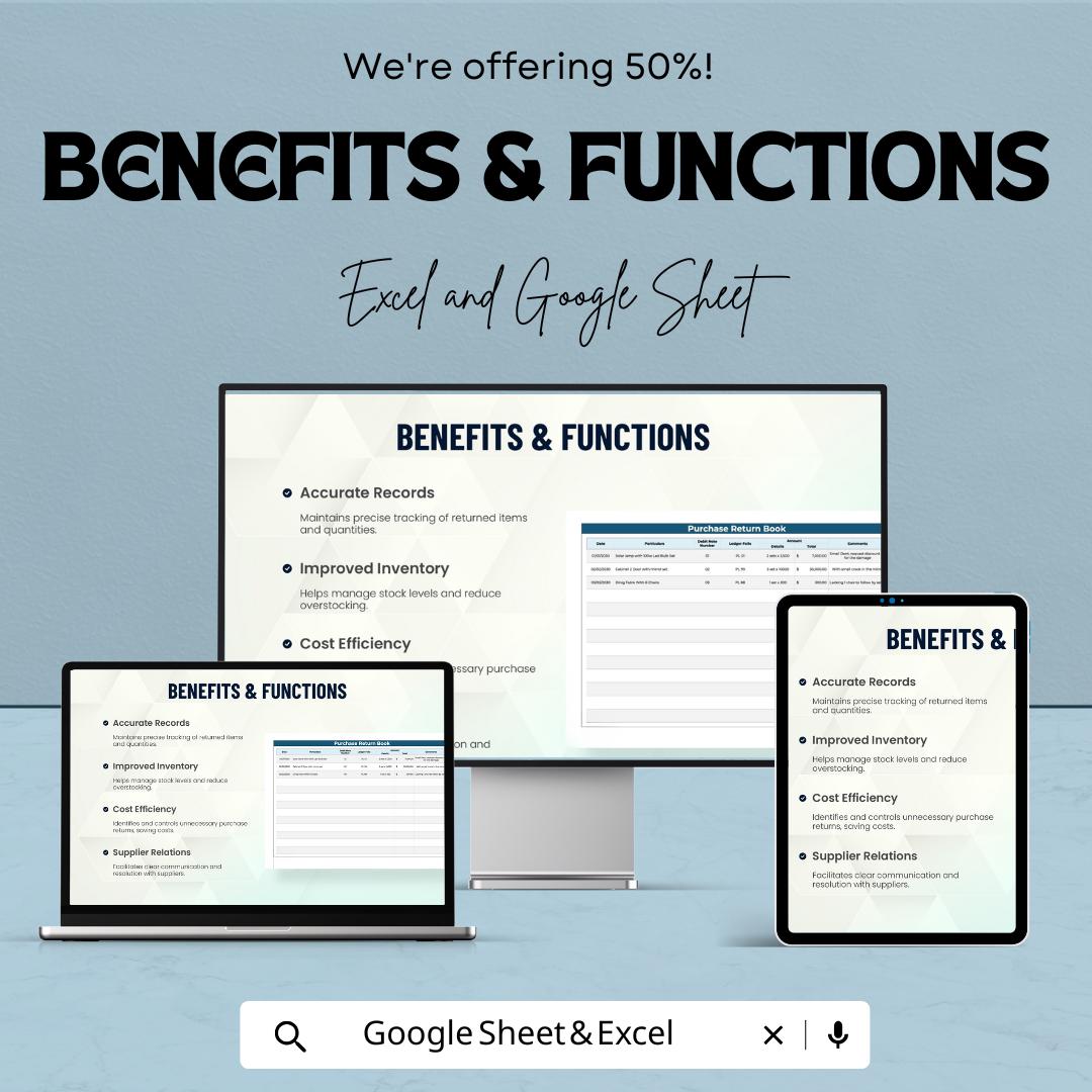 Purchase Return Book Template | Business Return Tracker | Supplier Return Record | Purchase Return Register