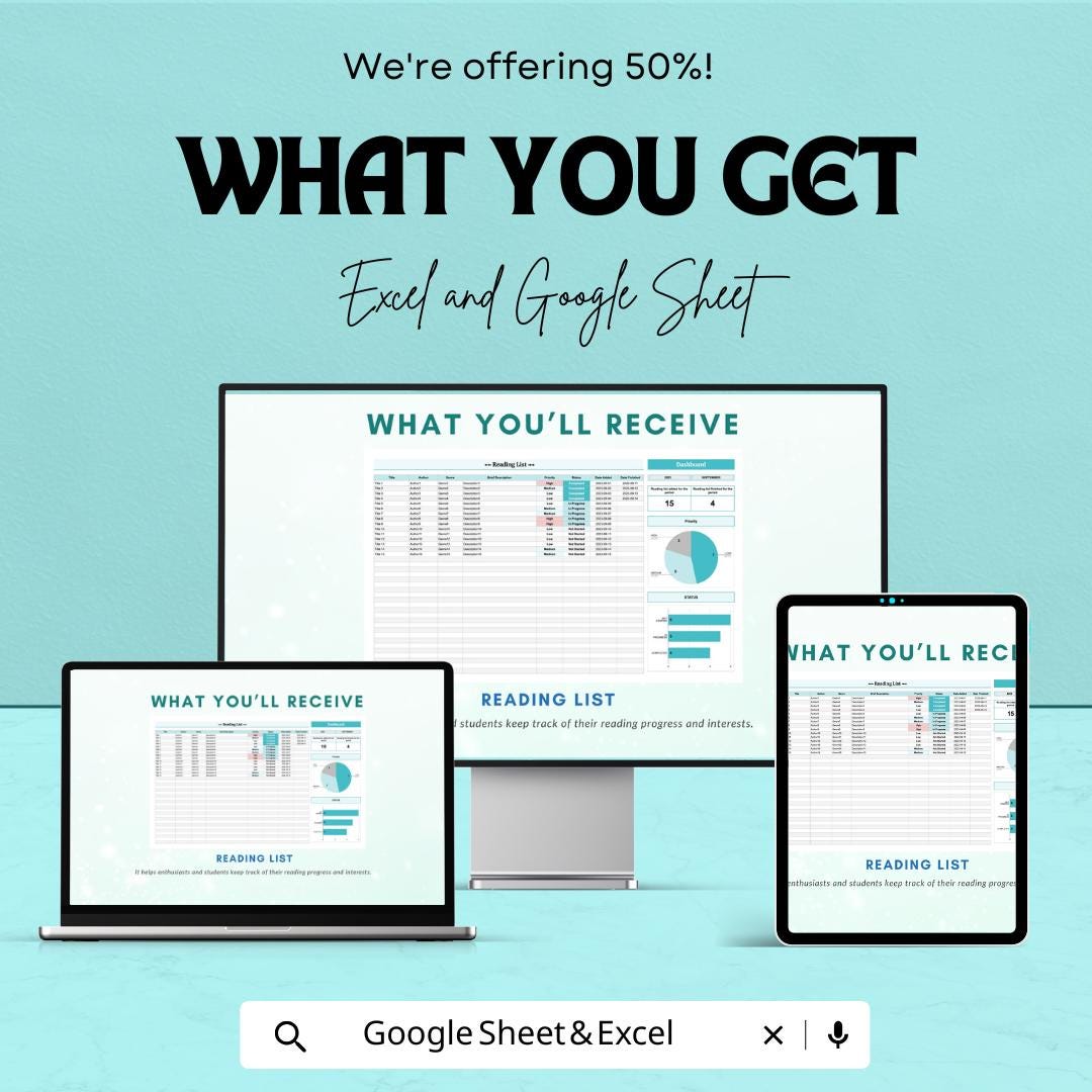 Reading List Sheet | Excel & Google Sheets | Book Tracker Dashboard | Reading Log Template | Digital Reading Planner