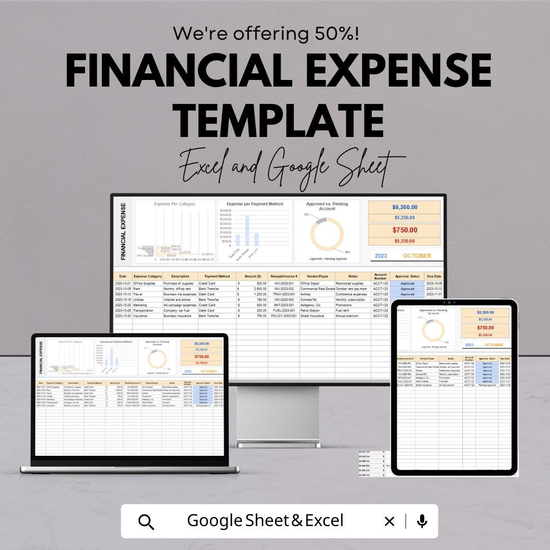 Financial Expense Template | Expense Tracker Spreadsheet | Budget Expense Log | Monthly Spending Tracker