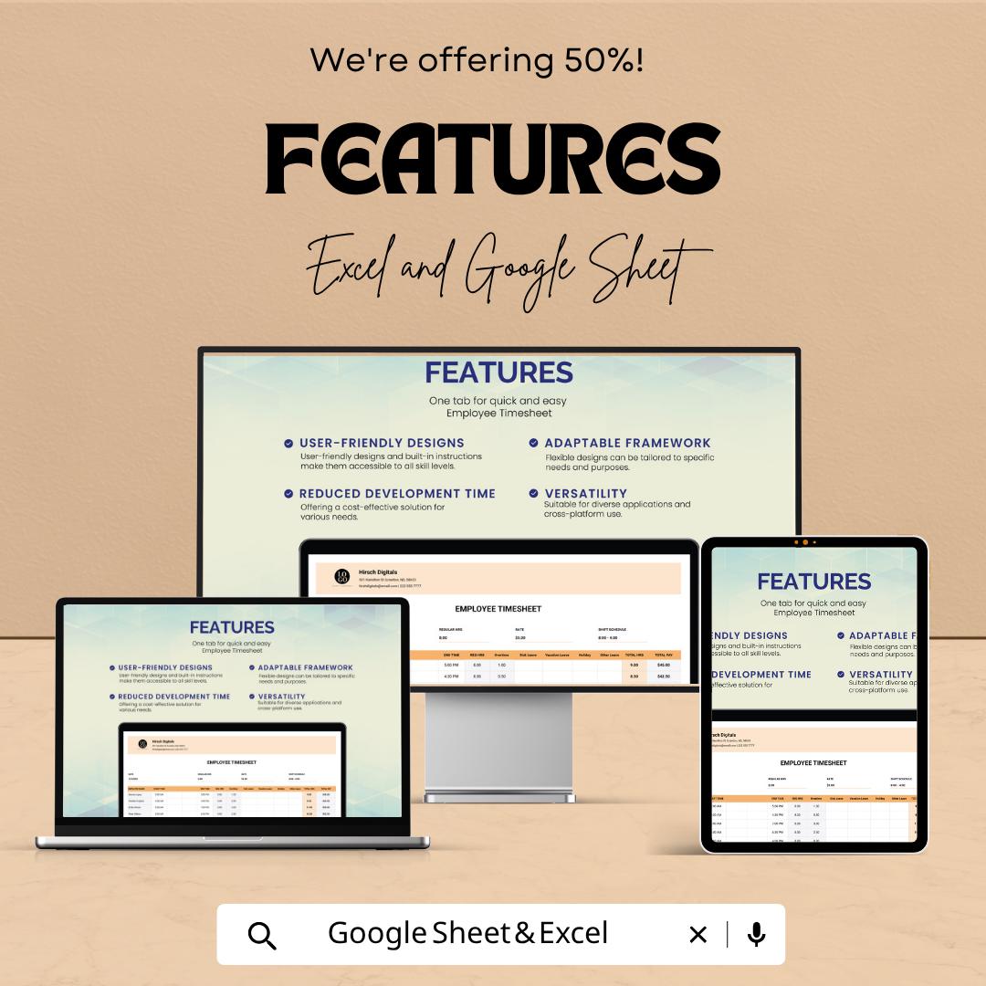 Employee Timesheet Template | Timesheet Spreadsheet | Work Hours Tracker | Payroll Template | Excel & Google Sheets | Staff Time Log Sheet