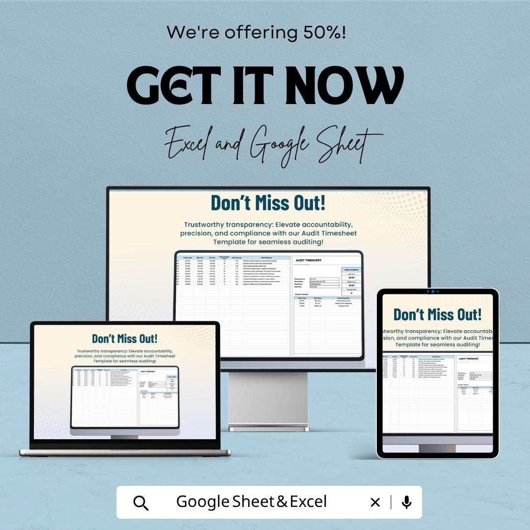 Audit Timesheet Template | Auditor Time Tracking Sheet | Compliance & Activity Log | Excel and Google Sheets | Audit Work Tracker