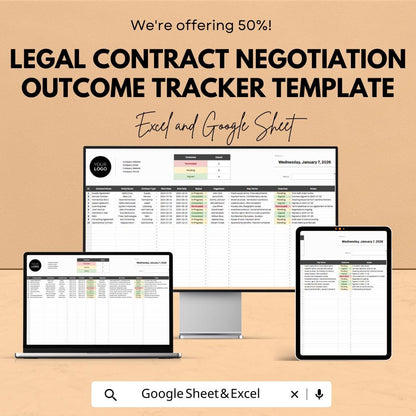 Legal Contract Negotiation Outcome Tracker Template | Excel & Google Sheets | Contract Management Spreadsheet | Lawyer Negotiation Tracker