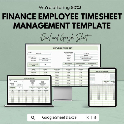 Finance Employee Timesheet Template , Employee Time Tracker, Work Hours Log, Payroll Tracker, Business Spreadsheet