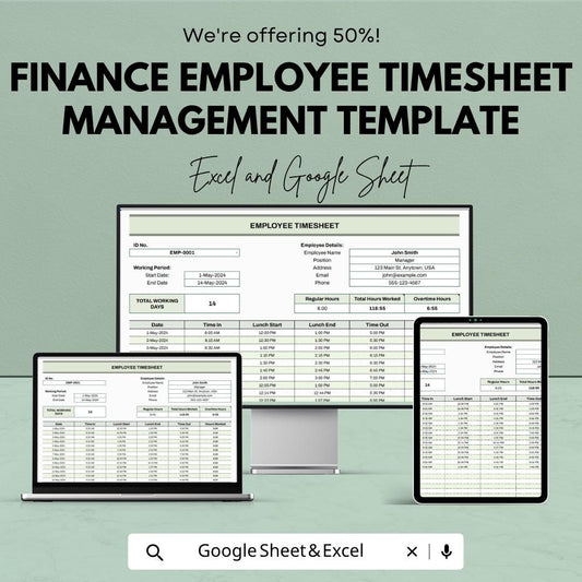Finance Employee Timesheet Template , Employee Time Tracker, Work Hours Log, Payroll Tracker, Business Spreadsheet