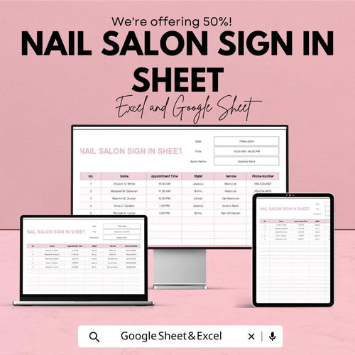 Nail Salon Sign-in Sheet Template - Excel and Google Sheets - Salon Appointment Scheduling - Track Clients & Services - Easy to Use