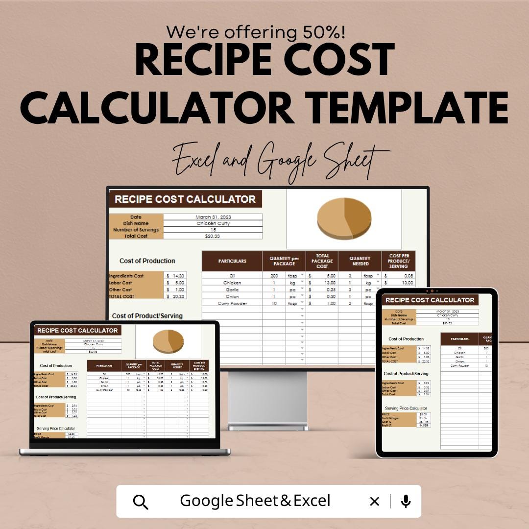 Recipe Cost Calculator Template | Food Cost Spreadsheet | Menu Pricing Calculator | Ingredient Cost Tracker | Catering Budget Tool