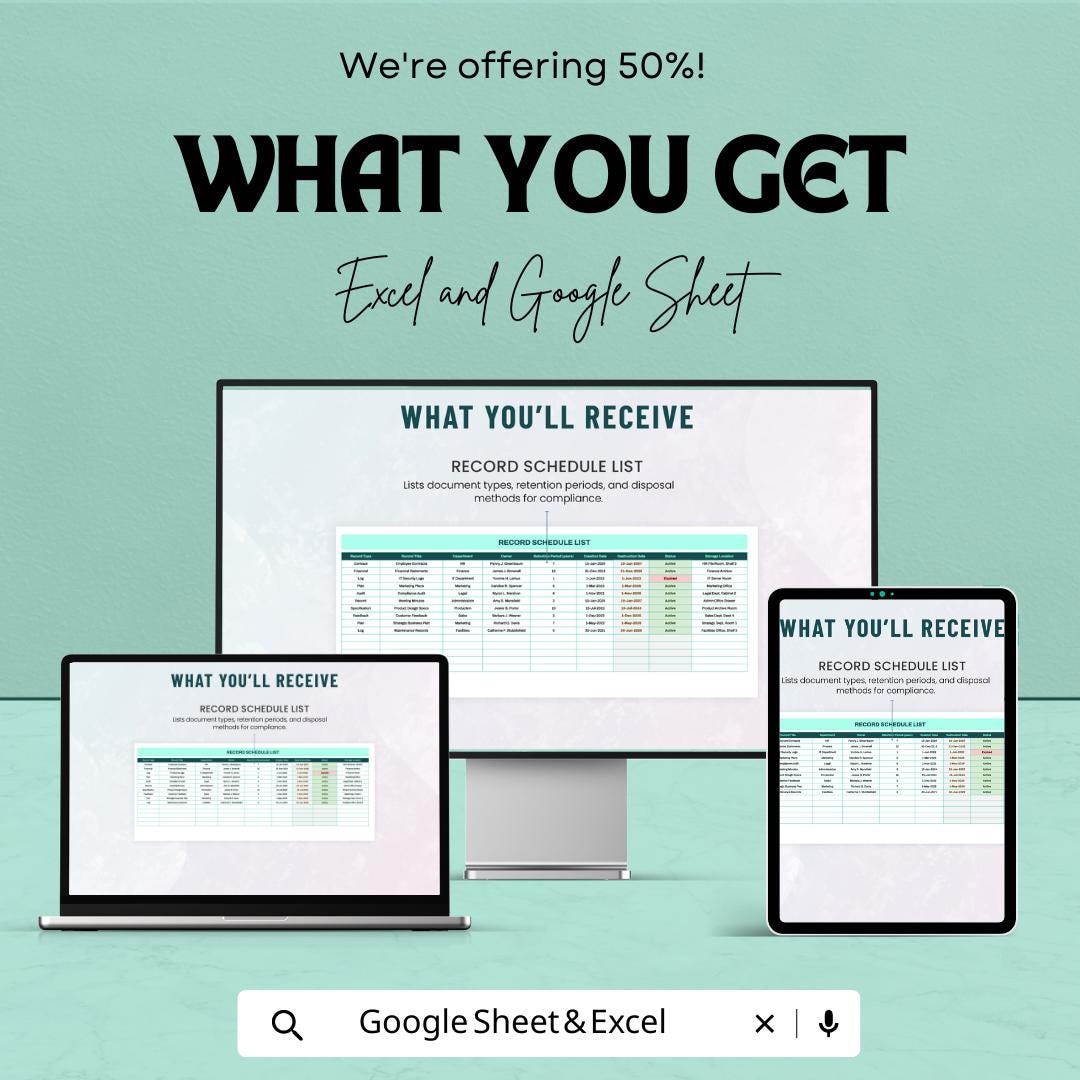 Administration Record Retention Schedule Template  | Document Retention Log | Records Management Tracker | Compliance Spreadsheet