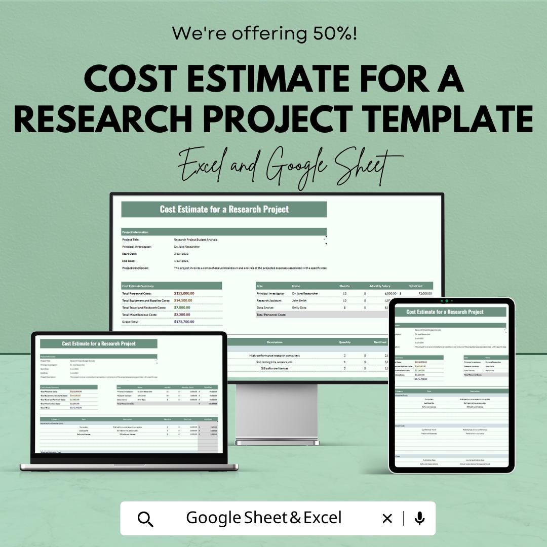 Research Project Cost Estimate Template | Budget Planning Spreadsheet | Grant Budget Tracker | Academic Planner