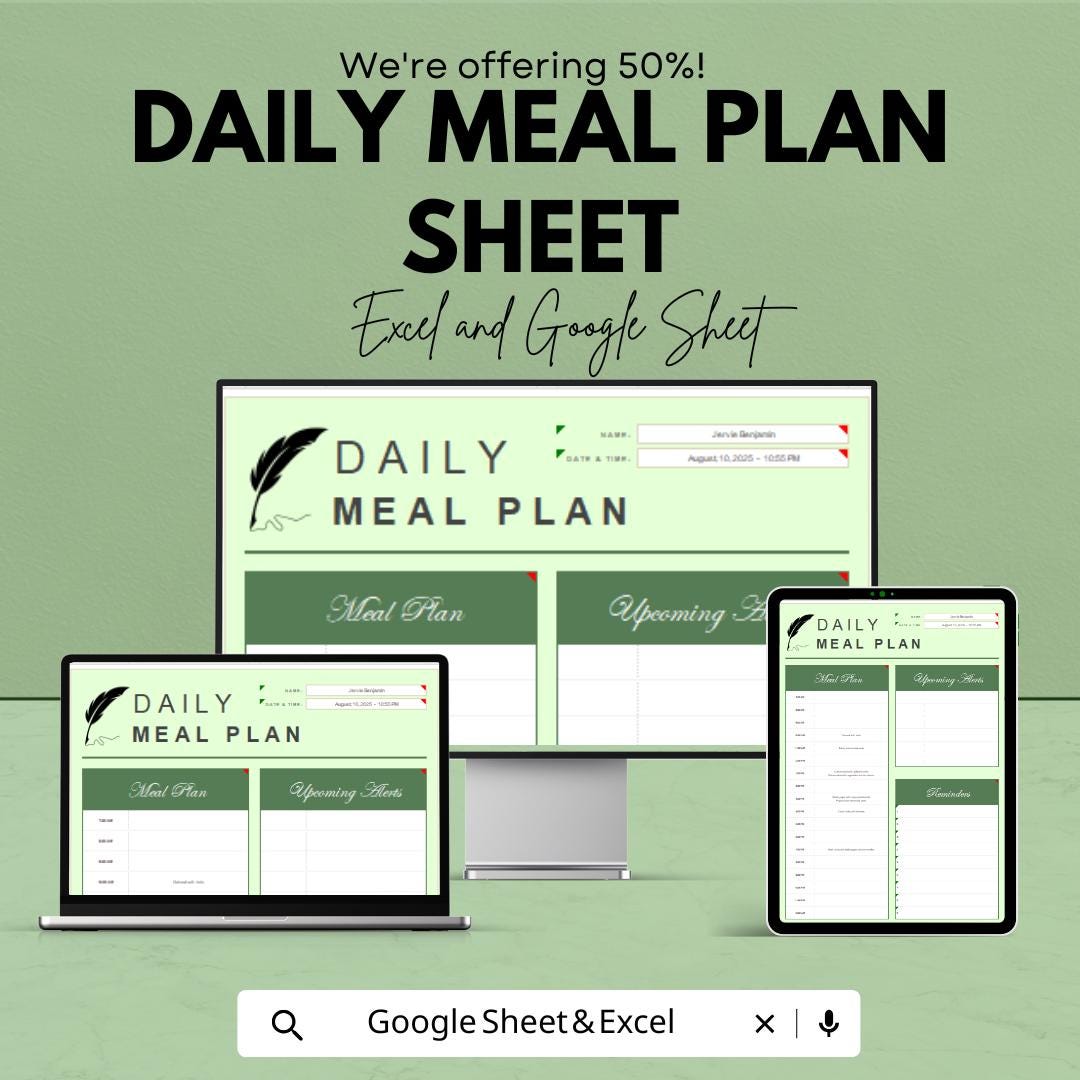 Daily Meal Plan Sheet - Printable Weekly Meal Planner - Meal Prep and Grocery List - Excel & Google Sheet - Healthy Eating Planner