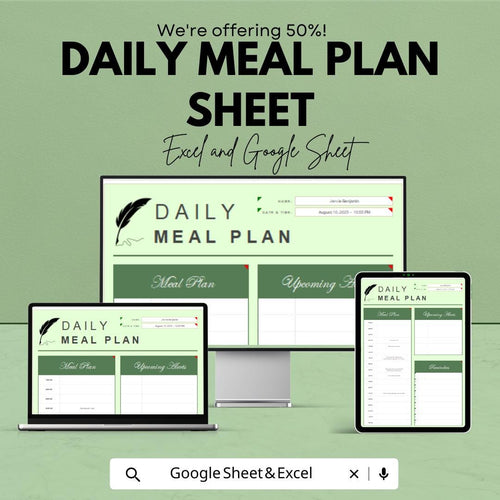 Daily Meal Plan Sheet - Printable Weekly Meal Planner - Meal Prep and Grocery List - Excel & Google Sheet - Healthy Eating Planner