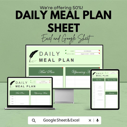 Daily Meal Plan Sheet - Printable Weekly Meal Planner - Meal Prep and Grocery List - Excel & Google Sheet - Healthy Eating Planner