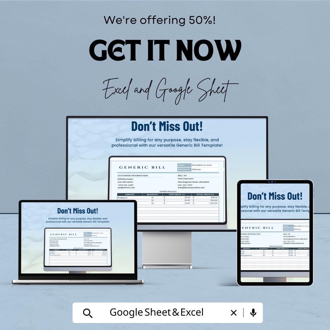 Generic Bill Sheet | Customizable Invoice | Excel and Google Sheet | Business Billing | Editable Bill Generator | Professional Invoice |