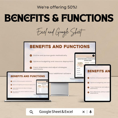 Marketing Media House Rating and Review Sheet Template | Google Sheets & Excel | Marketing KPI Tracker | Media Evaluation Report Template