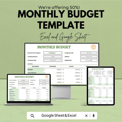 Monthly Budget Template | Business Budget Spreadsheet | Finance Tracker | Company Budget Planner | Income Expense Tracker