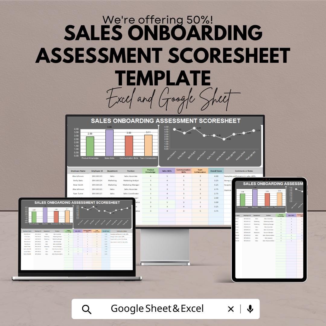 Sales Onboarding Assessment Scoresheet Template | Employee Evaluation Sheet | Sales Training Tracker | Performance Assessment Template Excel