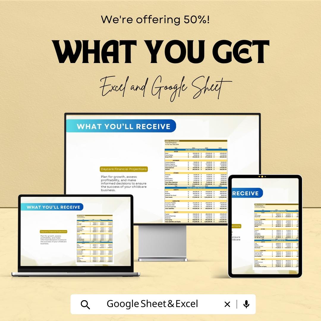 Daycare Financial Projections Template | Childcare Business Budget Spreadsheet | Excel & Google Sheets Financial Plan | Profit Forecast Tool