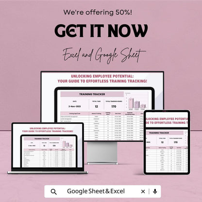 Training Tracker Sheet | Employee Training Log | Excel and Google Sheet | HR Training Management Spreadsheet | Task & Hours Tracker