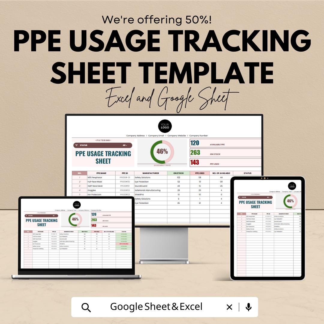 PPE Usage Tracking Sheet Template | PPE Inventory Tracker | Safety Equipment Log | Excel & Google Sheets PPE Management